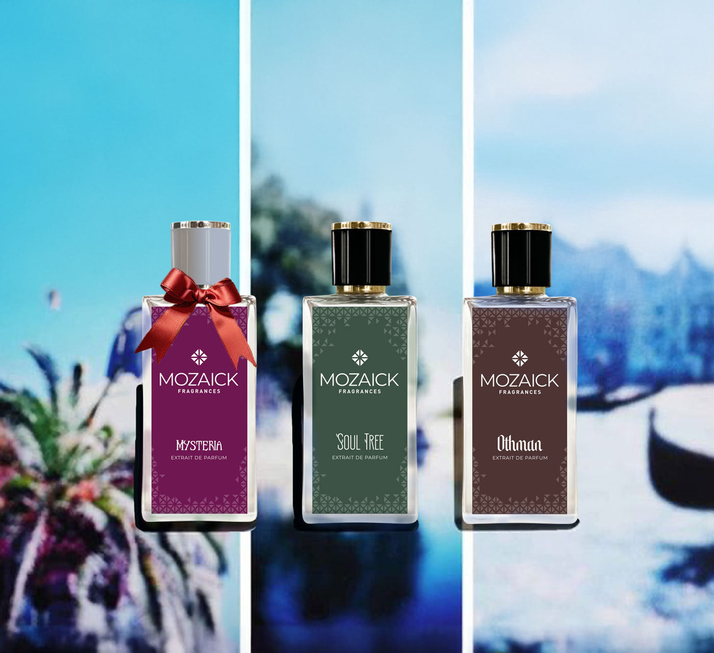 Winter Trio by MOZAICK: OTHMAN, MYSTERIA and SOUL TREE, 50 ml each – three bottles in front of blurred blue pictures